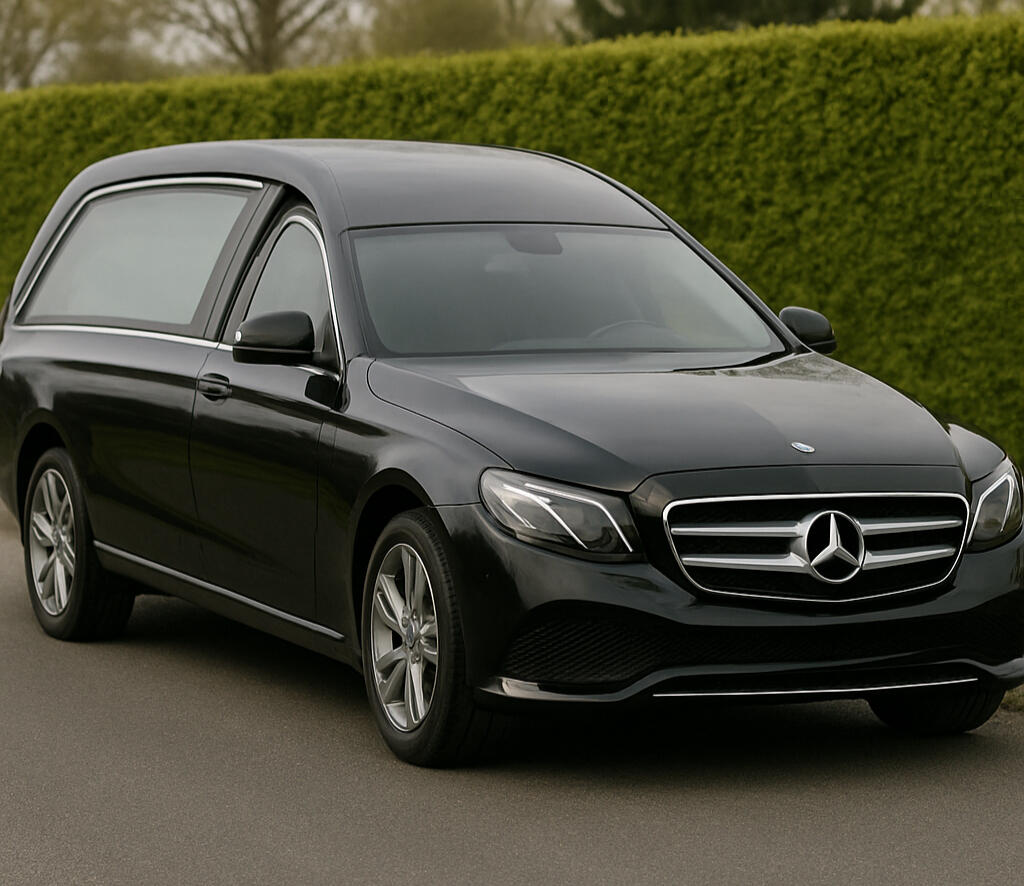 Bestattungsfahrten Bernhardt Leichenwagen vor einer Hecke